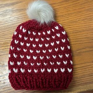 Knitted adult heart hat with faux fur Pom Pom